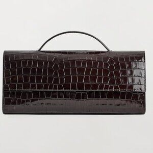 COS Croc-Effect Leather Top Handle Clutch Dark Brown